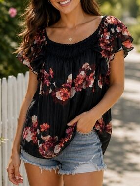Banana Republic Floral Off The Shoulder Blouse Black Red Ruffle Sheer Romantic